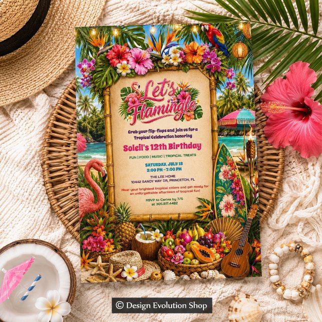 Convite de Aniversário Tropical Let's Flamingle Lu (Criador carregado)