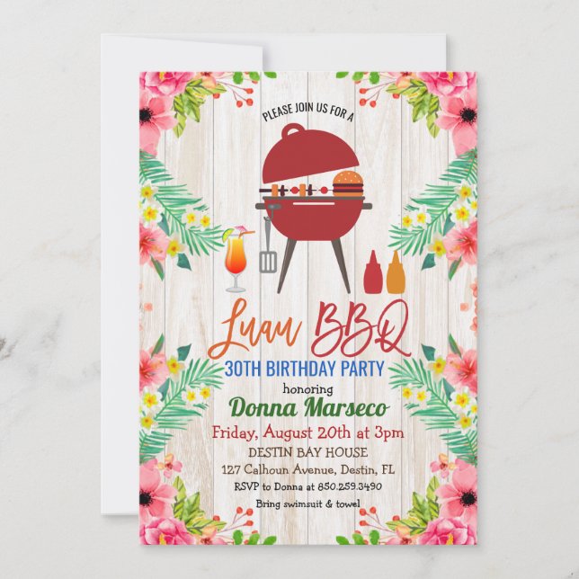 Convite de Aniversário Tropical Luau Aloha BBQ (Frente)