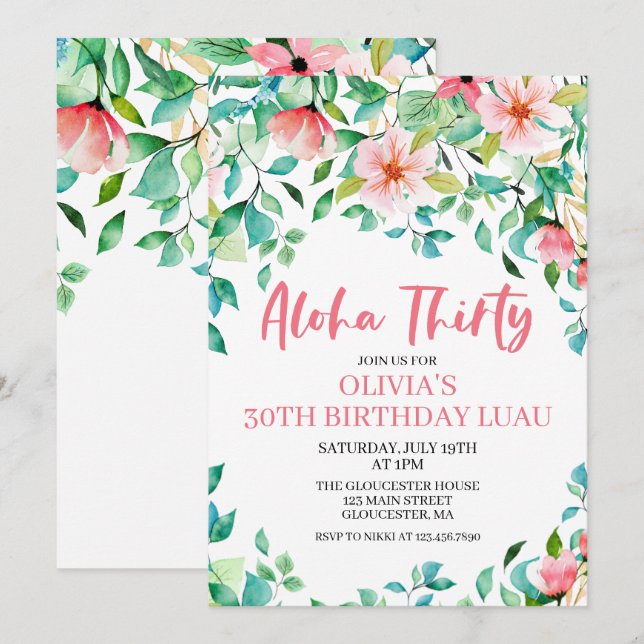 Convite de Aniversário Tropical Luau Aloha Trinta (Frente/Verso)