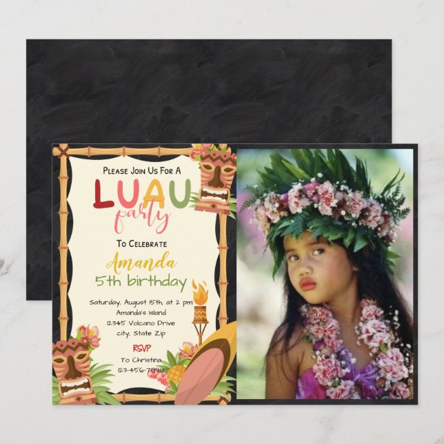 Convite De Aniversário Tropical Luau Mask Com Foto (Frente/Verso)