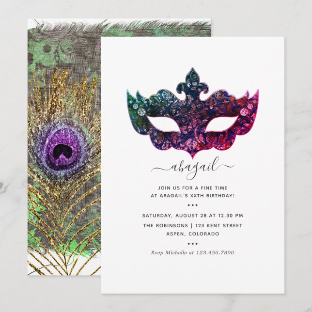 Convite de Aniversário Tropical Mardi Gras (Frente/Verso)