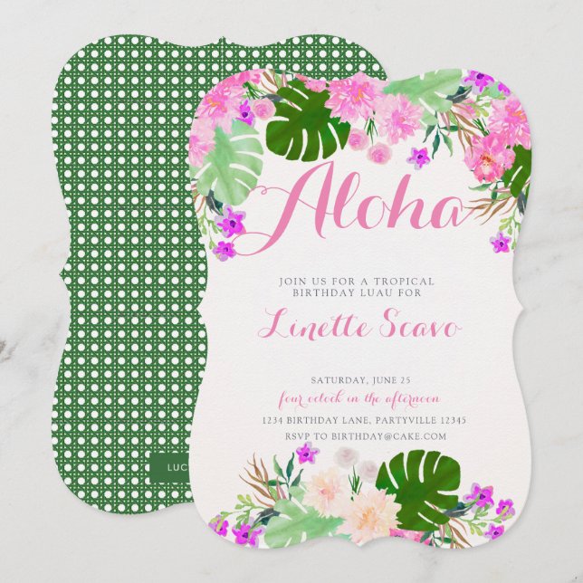 Convite de aniversário tropical rosa e roxo (Frente/Verso)