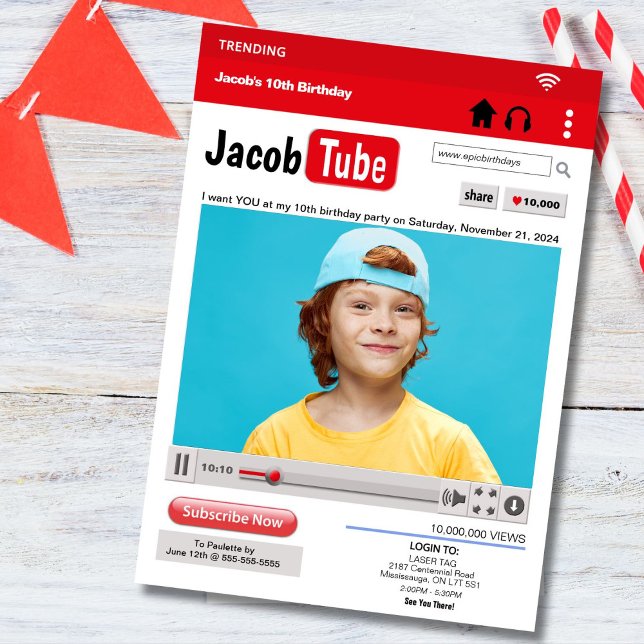 Convite de Aniversário Tubo de Festa com Foto (Become a social media star for the day with this Youtube inspired birthday invitation.)