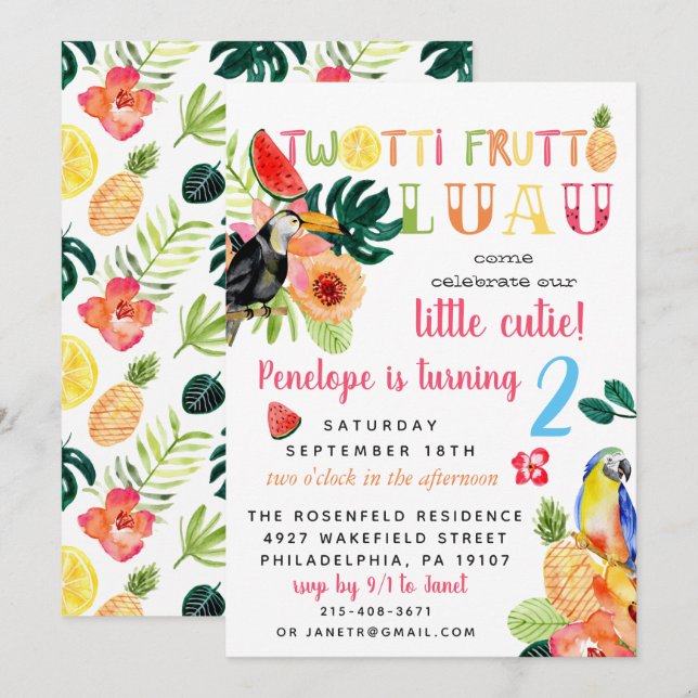 Convite de Aniversário Twotti Frutti Luau (Frente/Verso)