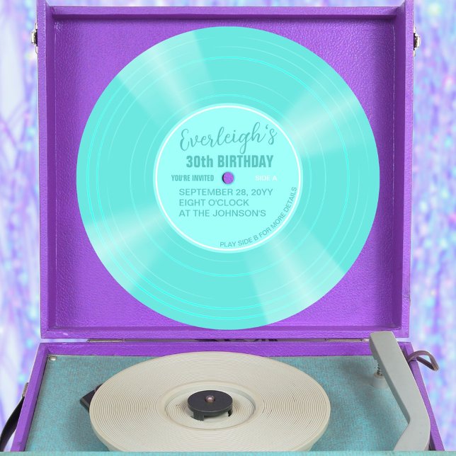 Convite de Aniversário Único para Registro de Vini (turquoise color vinyl record pop birthday invitation with aqua label)