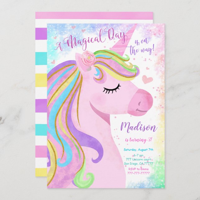 Convite de aniversário Unicorn (Frente/Verso)