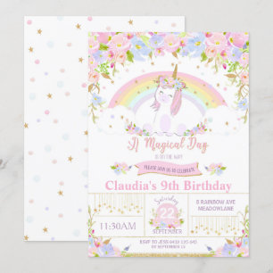 Convite de aniversário Unicorn Arco-Íris Floral