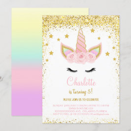 Convite de Aniversário Unicórnio Brilho Dourado