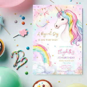 Convite de Aniversário Unicórnio Dia Mágico Arco-í