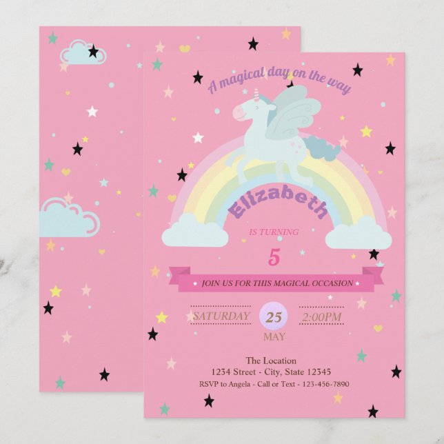Convite de Aniversário Unicórnio, Estrelas Arco-ír (Frente/Verso)
