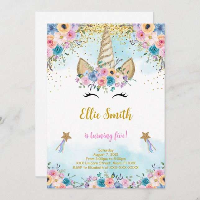 Convite de Aniversário Unicórnio Floral (Frente/Verso)