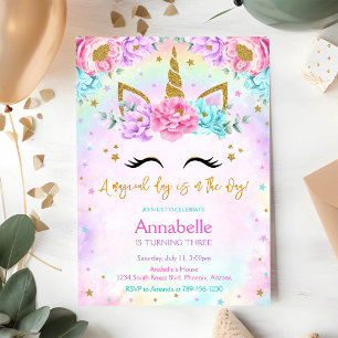 Convite de Aniversário Unicórnio Mágico Dia Arco-Í