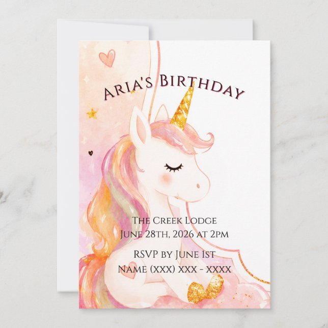 Convite de Aniversário Unicórnio para Meninas Fofa (Frente)