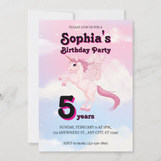 Convite de Aniversário Unicórnio Pegasus Rosa Edit