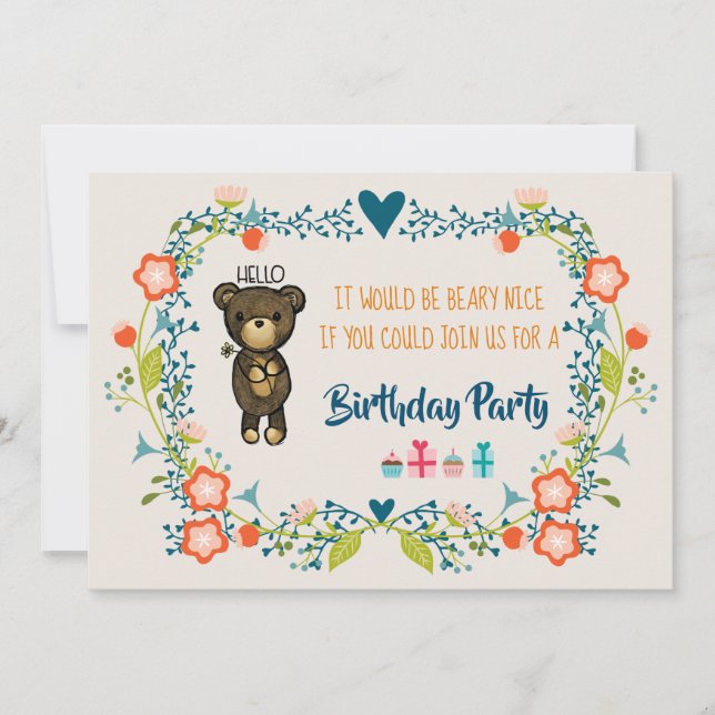 Convite de Aniversário Urso Fofo & Coroa de Flores (Frente)