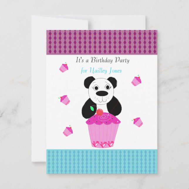 Convite de Aniversário Urso Panda com Cupcakes (Frente)