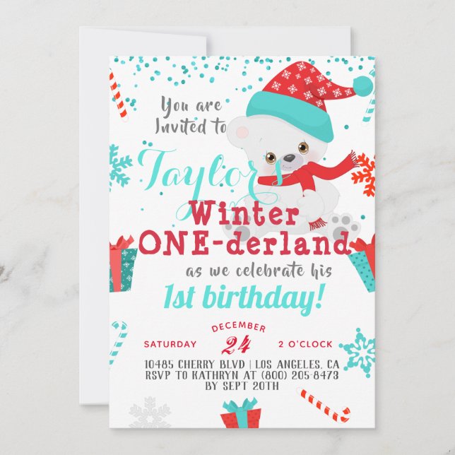 Convite de Aniversário Urso Polar Winter One-derla (Frente)