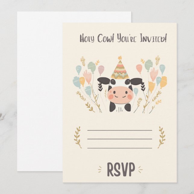 Convite de Aniversário Vaca Sagrada com RSVP | Edi (Frente/Verso)