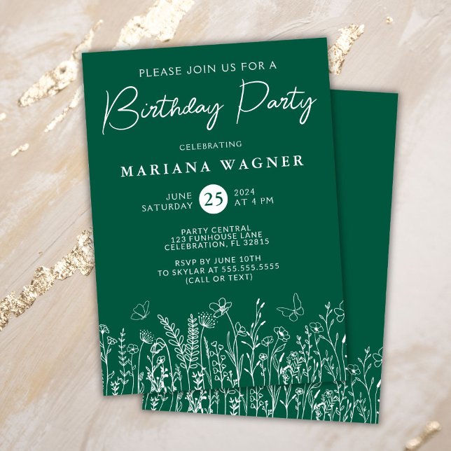 Convite de aniversário Verde de Flores Selvagens (Criador carregado)