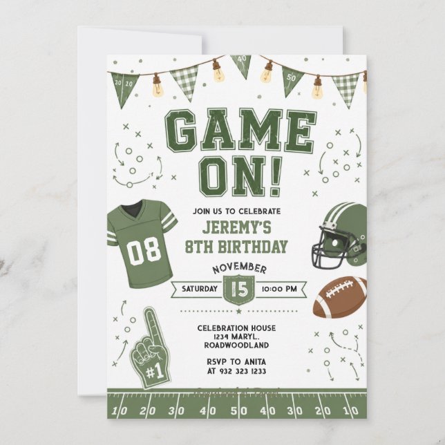 Convite de Aniversário Verde de Futebol TouchDowns (Frente)