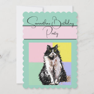 Convite de aniversário Verde de Gatos Tuxedo