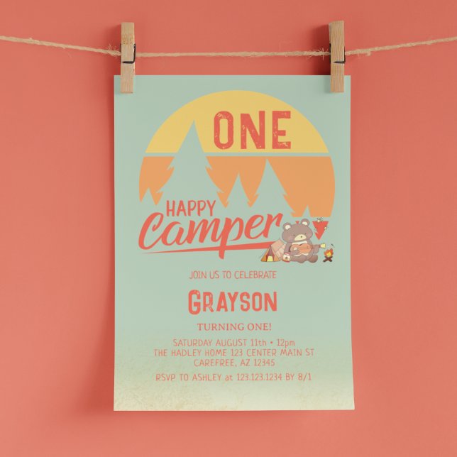 Convite de Aniversário Verde Feliz Acampado (Criador carregado)