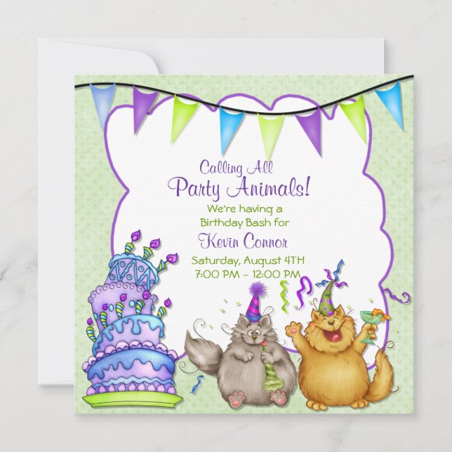 Convite de aniversário verde para animais de festa (Frente)