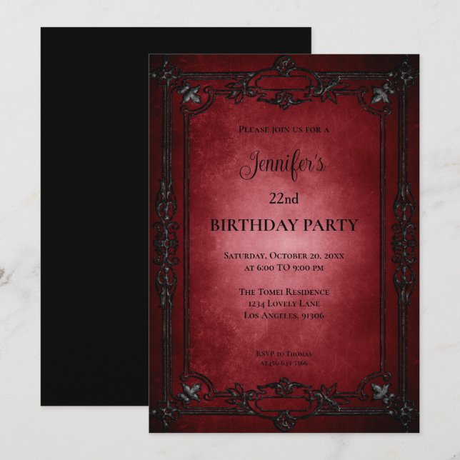 Convite de Aniversário Vermelho Escuro Gótico (Frente/Verso)