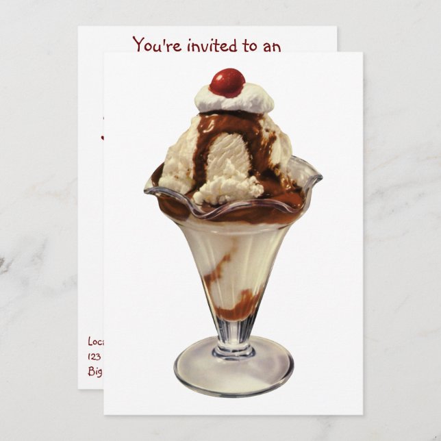 Convite de aniversário Vintage Hot Fudge Sundae (Frente/Verso)