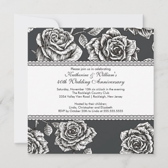 Convite de Aniversário Vintage Rose Preto e Branco (Frente)