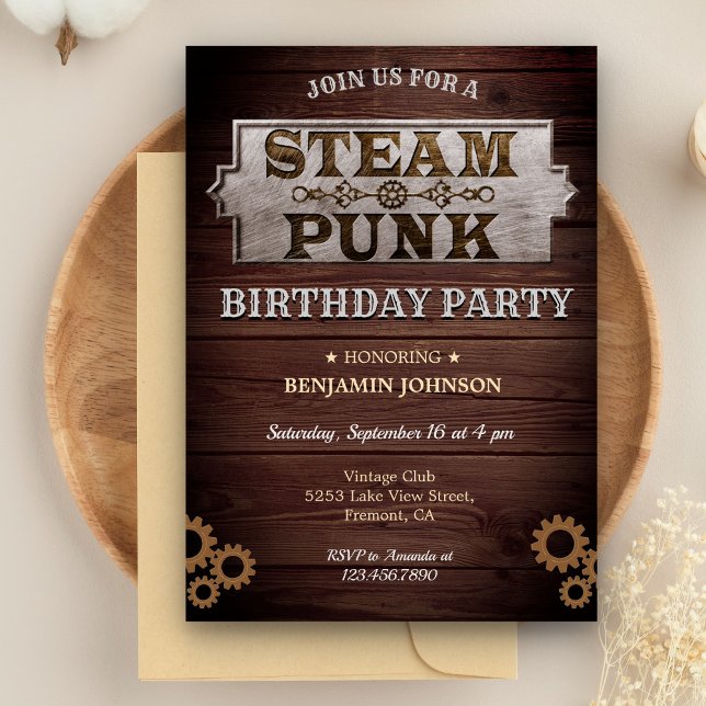 Convite de Aniversário Vintage Rústico Steampunk (Criador carregado)