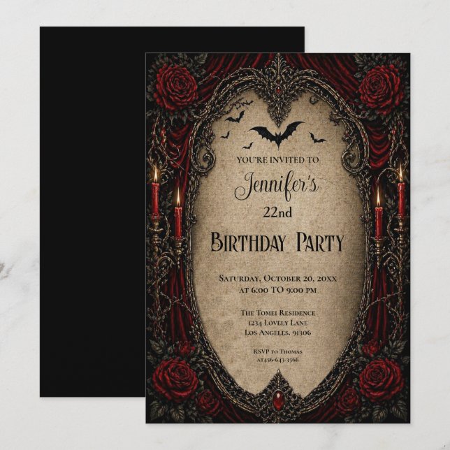 Convite de Aniversário Vintage Vampiro Gótico (Frente/Verso)