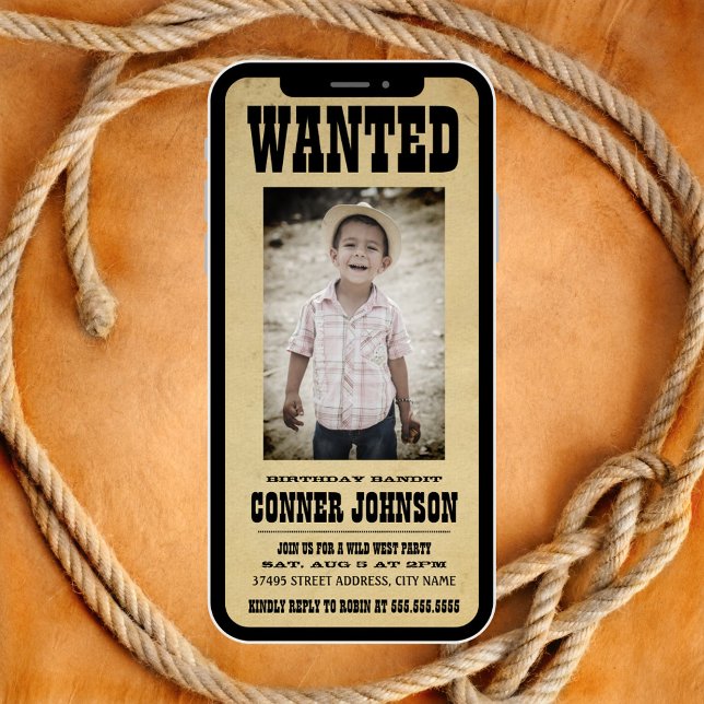 Convite de aniversário Vintage WANTED (Criador carregado)