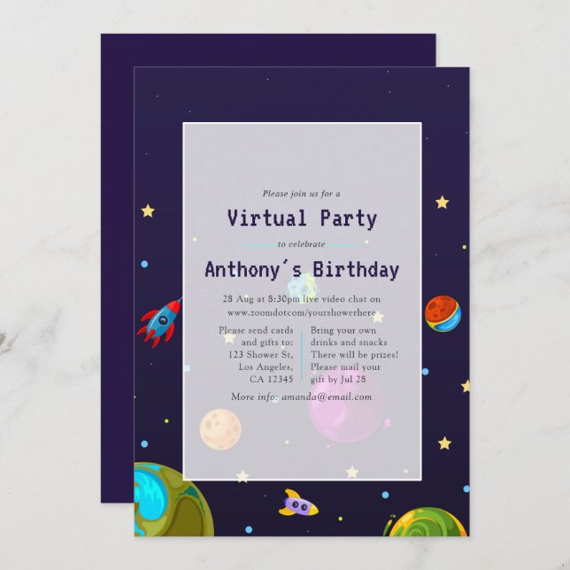 Convite de aniversário Virtual de Espaço (Frente/Verso)