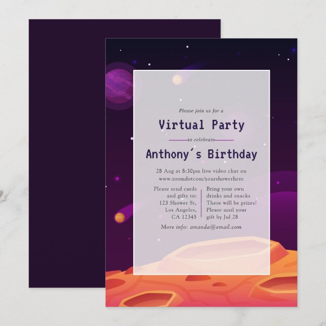 Convite de Aniversário Virtual Espacial (Frente/Verso)