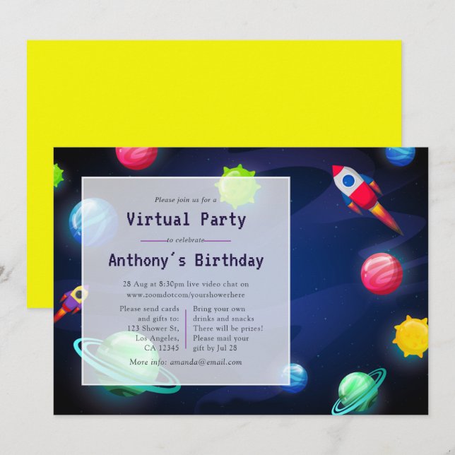 Convite de Aniversário Virtual Espacial (Frente/Verso)