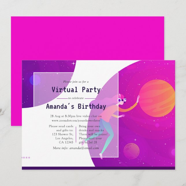Convite de Aniversário Virtual Rosa-Claro (Frente/Verso)