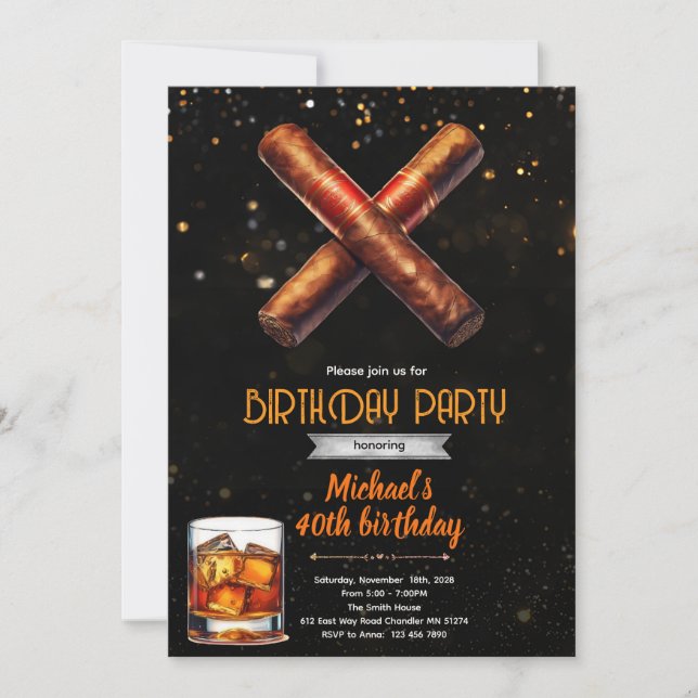Convite de Aniversário Whiskey e Charutos (Frente)
