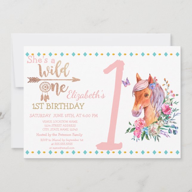 Convite de Aniversário Wild One, Flechas, Flores d (Frente)