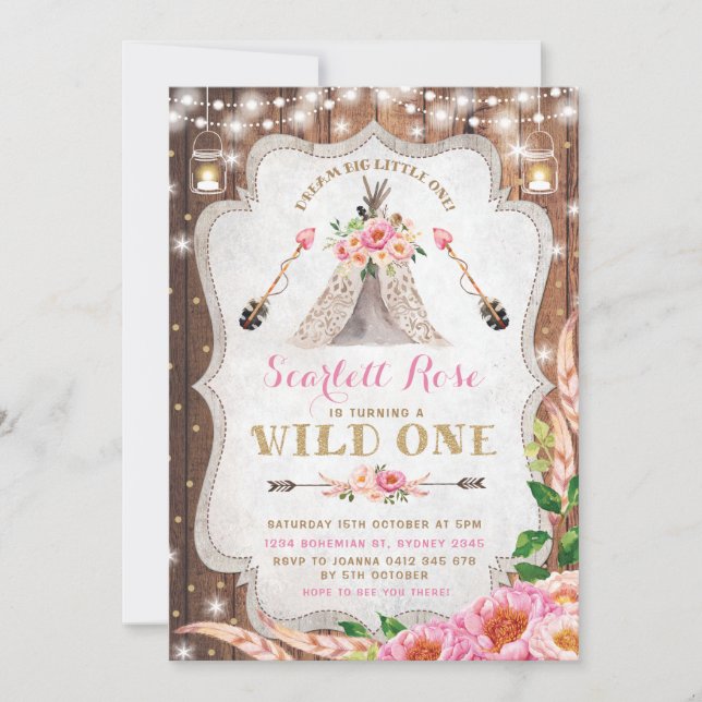 Convite de Aniversário Wild One Floral Boho Teepee (Frente)