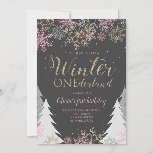 Convite de Aniversário Winter ONEderland Rosa (Frente)