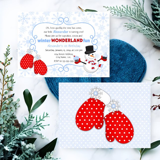 Convite de Aniversário Winter Wonderland (Winter wonderland birthday party invitation, in blue and red, front and back view.)