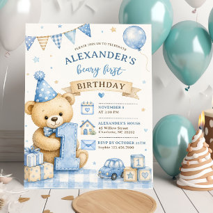 Convite de Aniversário Xadrez Urso Teddy Laço Azul