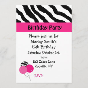 Convite de Aniversário Zebra Preto e Rosa