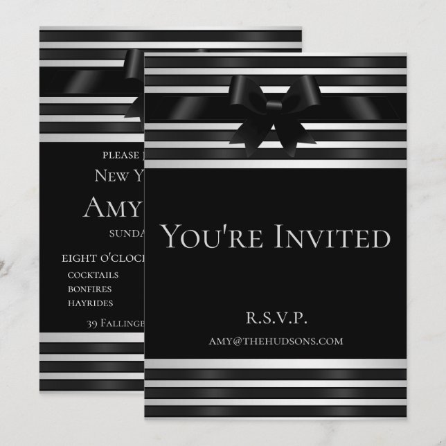 Convite de Ano Novo com Arco Preto e Listras Branc (Frente/Verso)