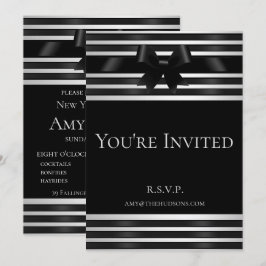 Convite de Ano Novo com Laço Preto e Listras Branc