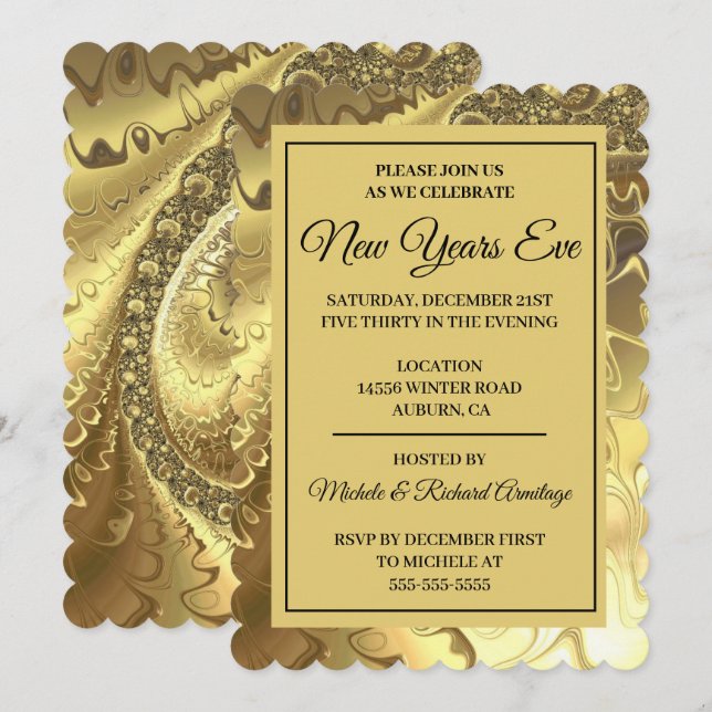 Convite de Ano Novo Dourado Glamouroso (Frente/Verso)