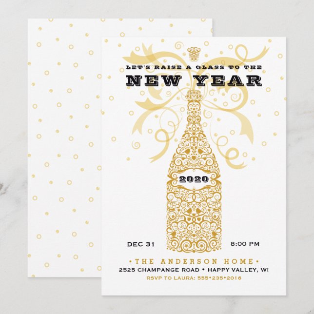 Convite de Ano Novo Elegante para Festa de Champan (Frente/Verso)