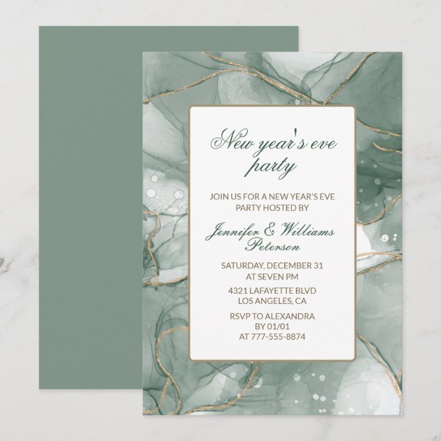 Convite de Ano Novo elegante verde dourado (Frente/Verso)