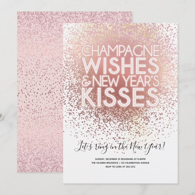 Convite de Ano Novo em Rose Gold para Festa (Frente/Verso)
